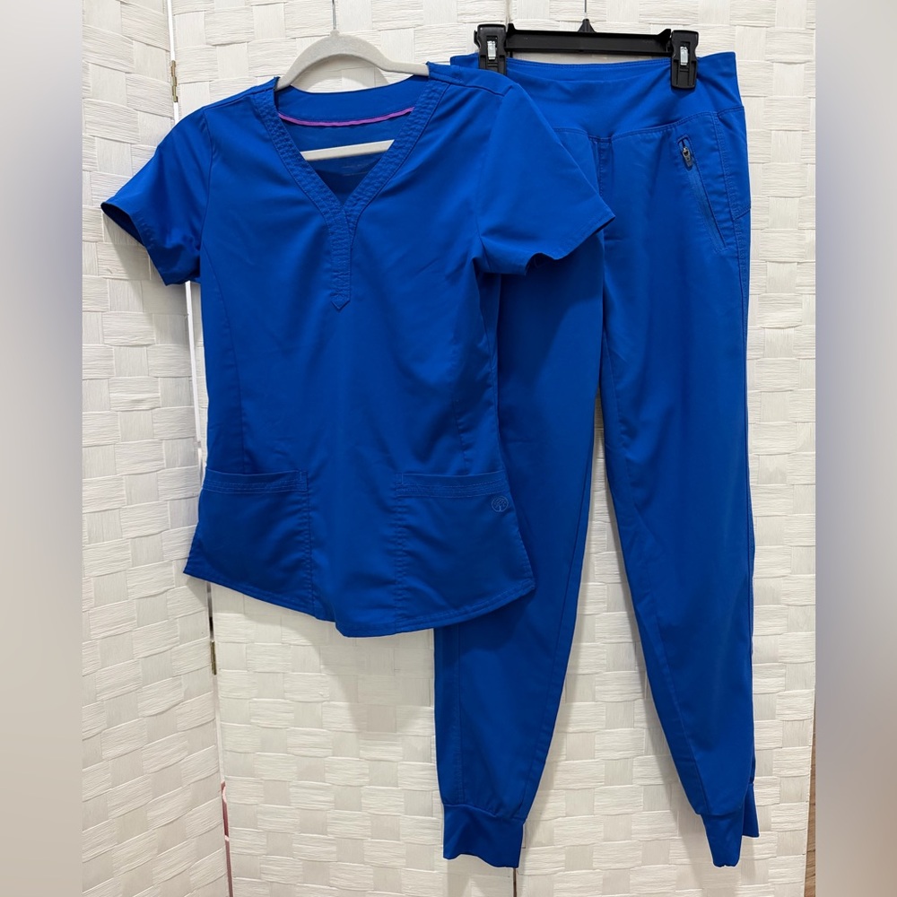 Blue Jogger Pants V- Neck Top Scrub Set